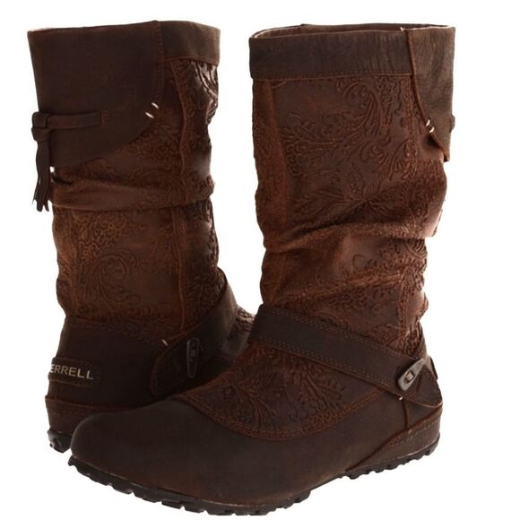 Merrell Haven Embossed Floral Paisley Brown Oiled Leather Mid Calf Boots 7 - Picture 8 of 8